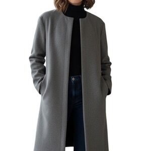 H&M Wool Blend Collarless Long Coat Gray Snap Front‎ Pockets Size 6